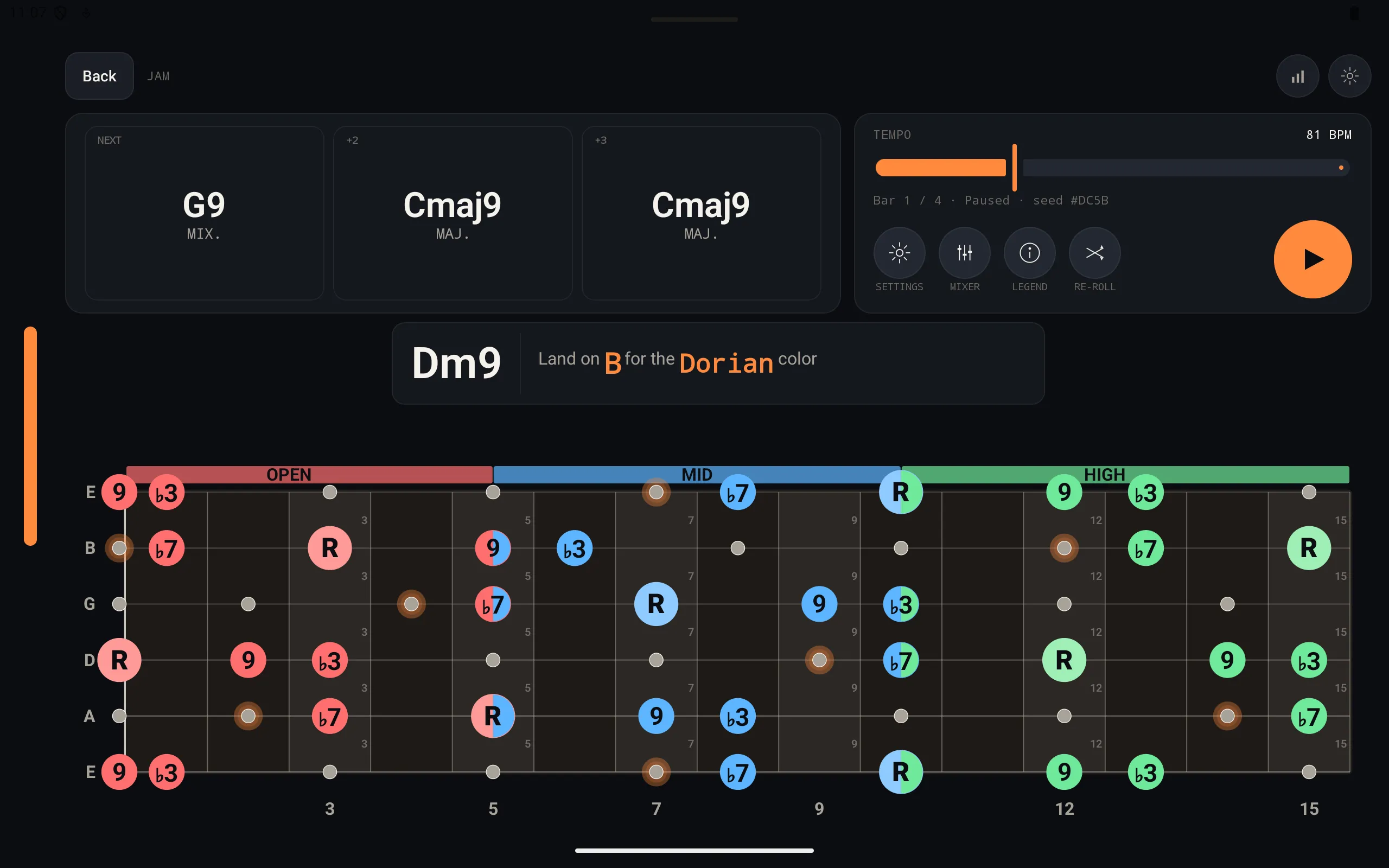 OmniFret Jam screen on tablet showing a D minor 9 progression, transport controls, and color-coded chord tones across open, mid, and high fretboard zones.
