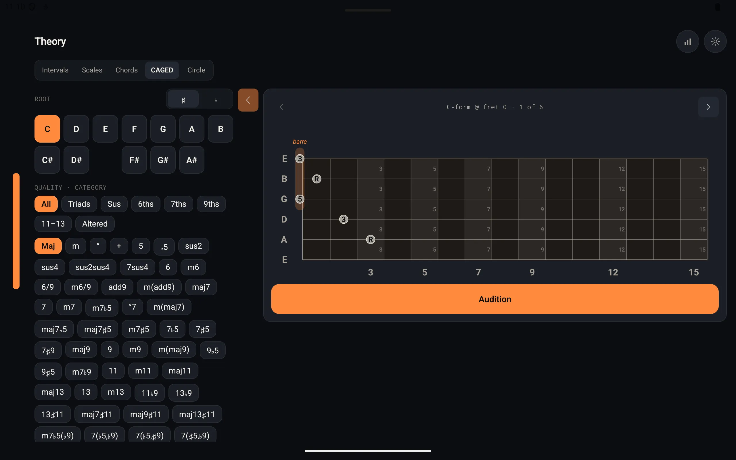 OmniFret Theory on tablet — CAGED chord browser plus an interactive C-form fretboard with Audition button.