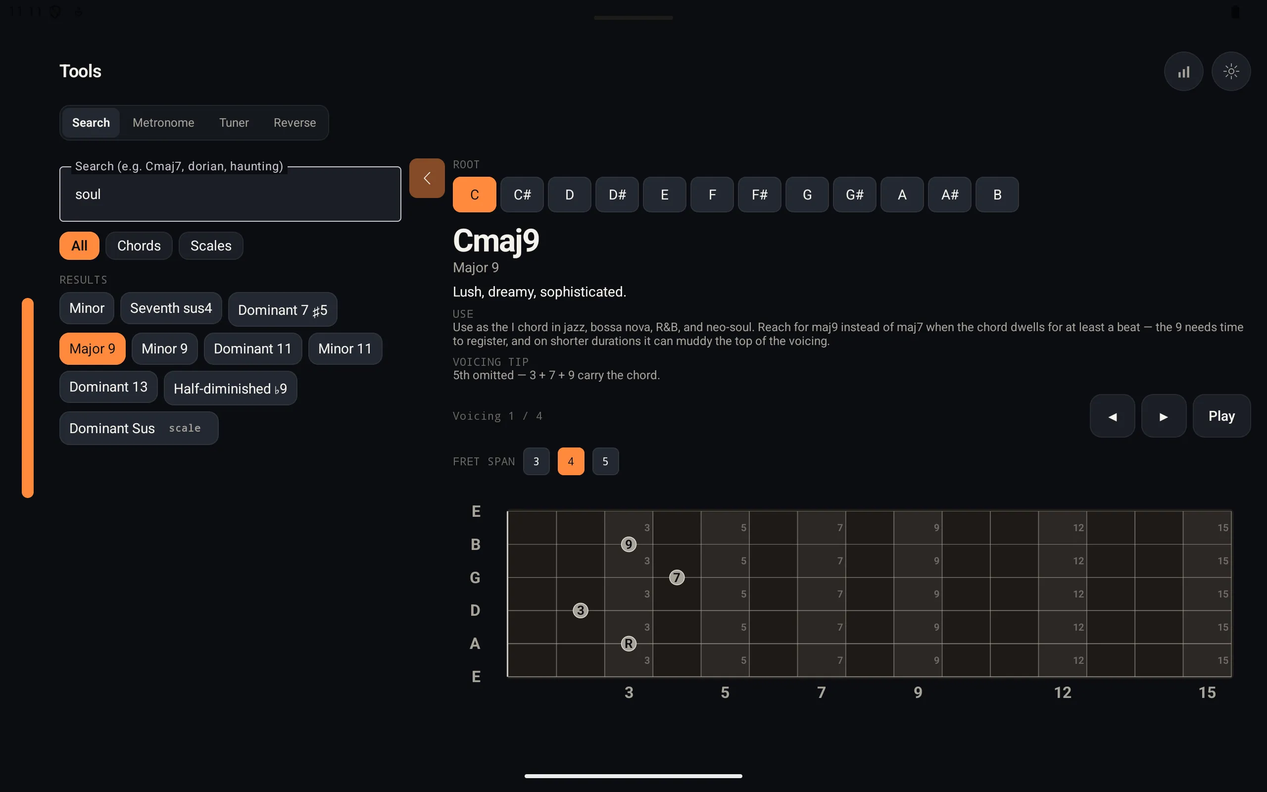 OmniFret Tools on tablet — searching the chord dictionary for 'soul' returns Cmaj9 with a usage description, voicing tip, and an interactive fretboard diagram.